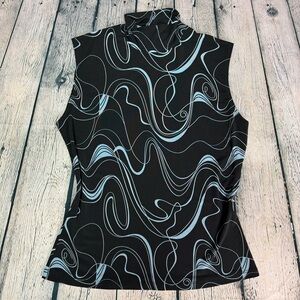 VTG Y2K Studio 1940 Black Blue Swirl Pattern Mock Neck Sleeveless Top Size XL